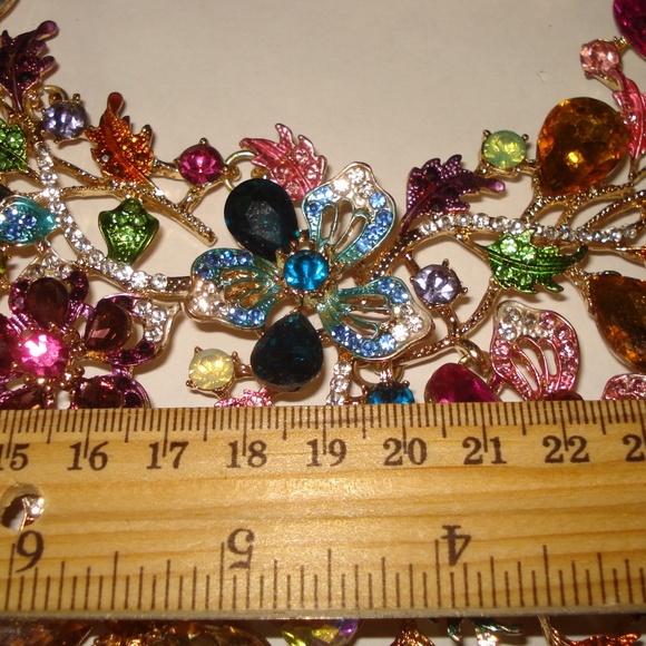 Large Multicolored Rhinestone Goldtone Metal Bib Necklace - Picture 5 of 5